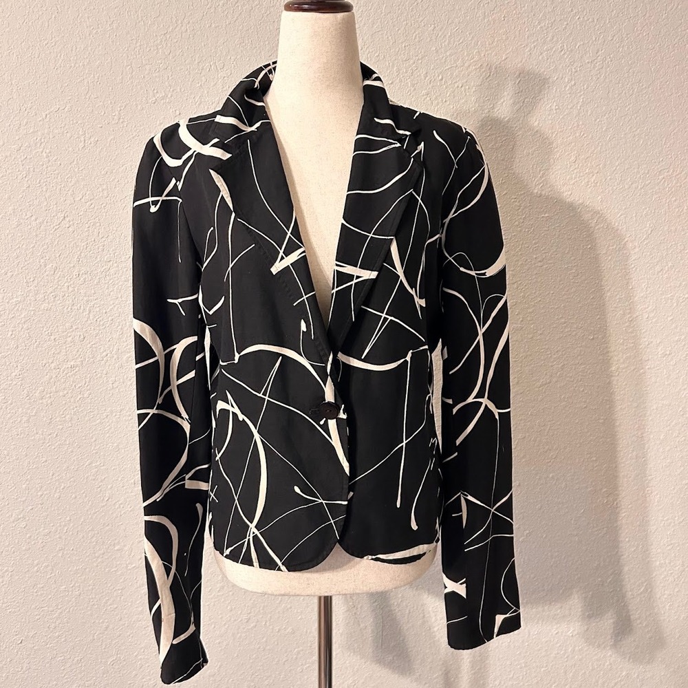 Womens Silk Linen Blend Abstract Scribble Print Blazer Black White Size 8